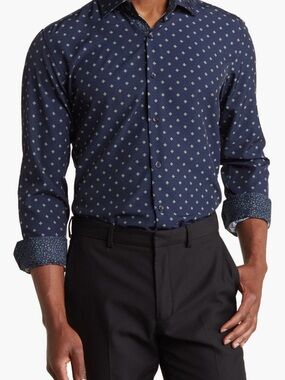 Slim-Fit Navy Patterned Long-Sleeve Button-Down Shirt